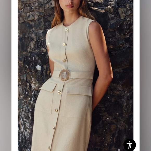 Zara Cream Midi Dress with Belted Waist - Picture 2 of 4